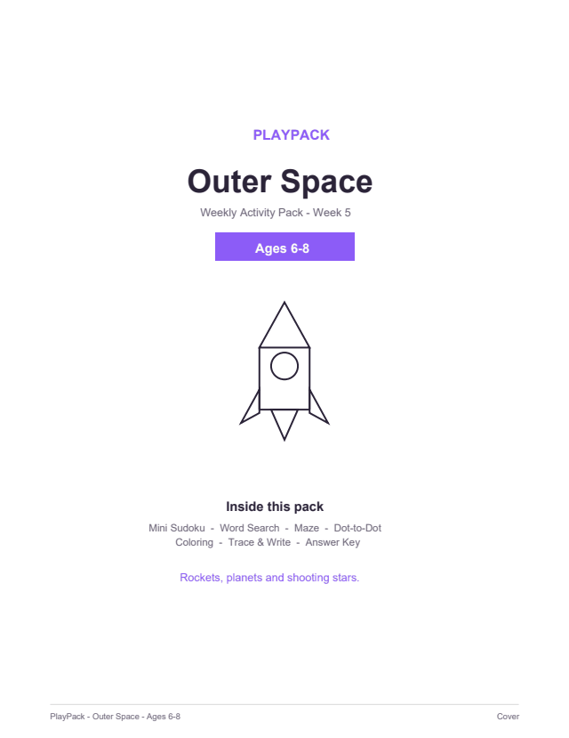 Pack cover: Outer Space, weekly activity pack, ages 6–8, with a list of the activities inside