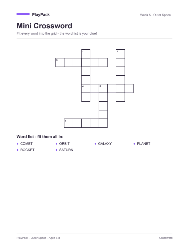 Mini crossword page with a numbered grid and a word list: comet, orbit, galaxy, planet, rocket, Saturn