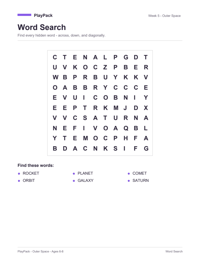 Space word search page with a grid of letters and a list of words to find