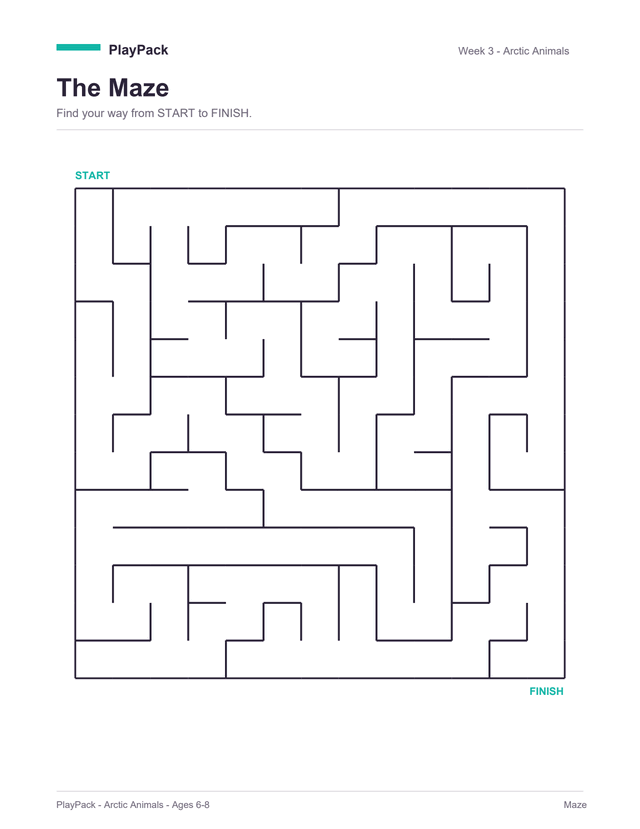 Maze from the Arctic Animals pack for ages 6⁠–⁠8: one large square maze filling the page, START above its top-left corner and FINISH below its bottom-right, both printed in this pack's teal, with week 3 and the pack name across the top.