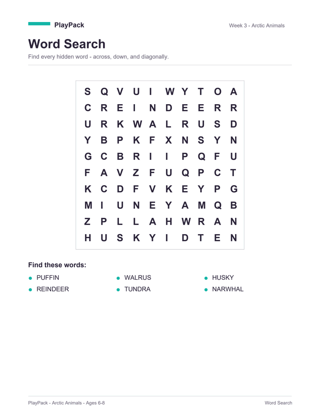Word search from the Arctic Animals pack for ages 6⁠–⁠8: a square grid of capital letters, with the six words to find printed underneath — puffin, walrus, husky, reindeer, tundra, narwhal.