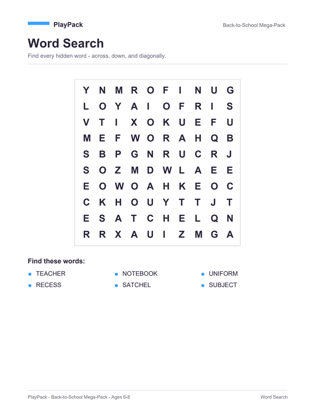 Word search from the Back-to-School Mega-Pack for ages 6–8: a square grid of capital letters, with the six words to find printed underneath — teacher, notebook, uniform, recess, satchel, subject.