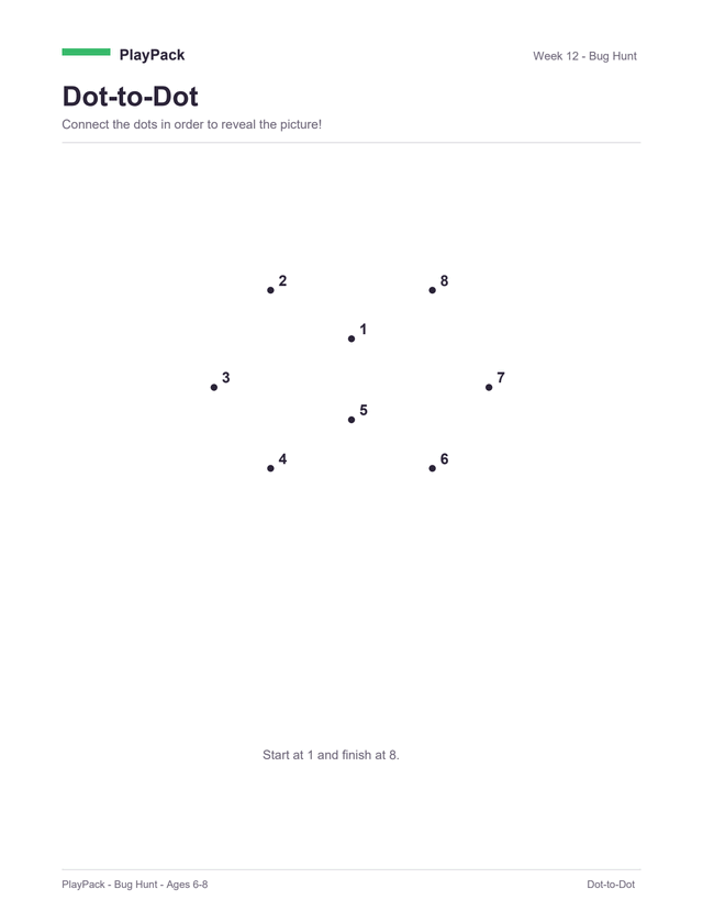 Dot-to-dot page from the Bug Hunt pack: eight numbered dots on an otherwise empty page, joining up into a butterfly.