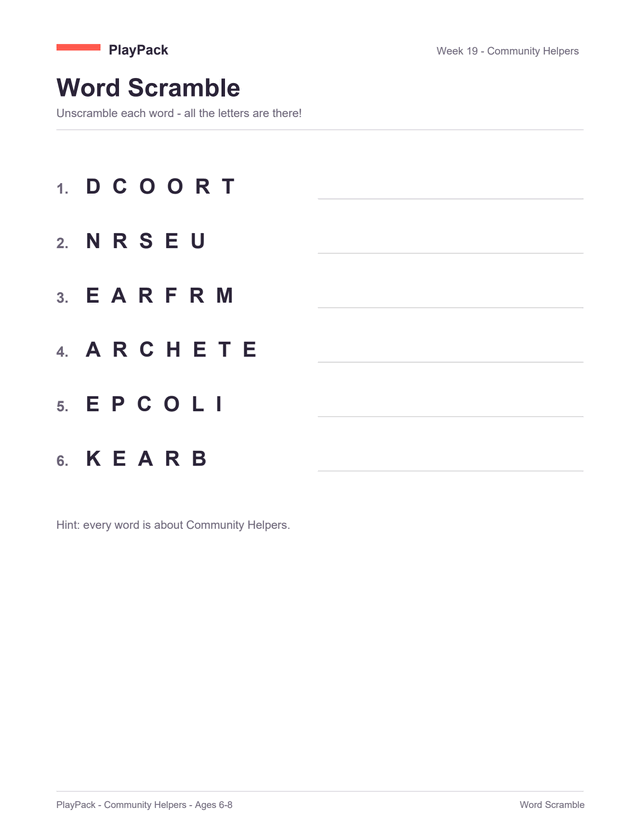 Word scramble from the Community Helpers pack for ages 6⁠–⁠8: six words set out letter by letter with the letters shuffled — doctor, nurse, farmer, teacher, police, baker — each with a ruled line beside it to write the answer on, under a hint line saying every word is about Community Helpers.