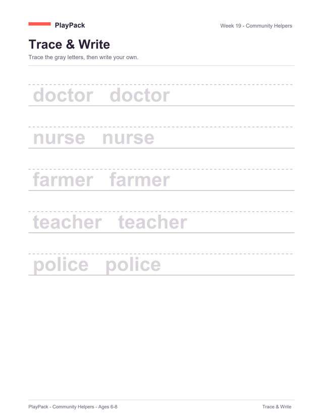 Trace-and-write page from the Community Helpers pack for ages 6⁠–⁠8: five ruled lines with a dotted guide through the middle of each, every line printing its word twice in pale gray to trace over — doctor, nurse, farmer, teacher, police.