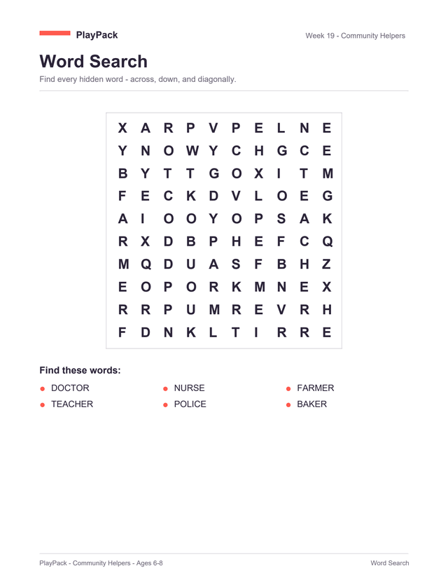 Word search from the Community Helpers pack for ages 6⁠–⁠8: a square grid of capital letters, with the six words to find printed underneath — doctor, nurse, farmer, teacher, police, baker.
