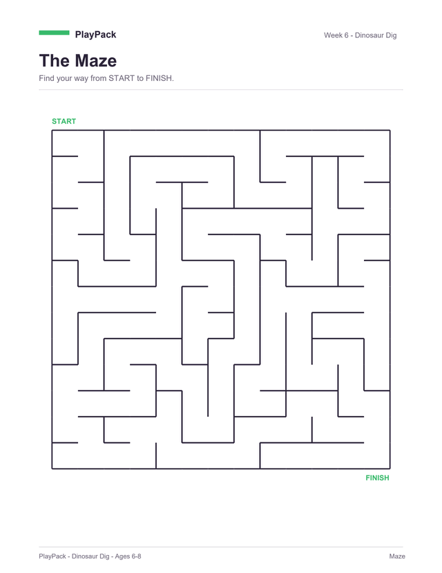 Maze from the Dinosaur Dig pack for ages 6–8: one large square maze filling the page, START above its top-left corner and FINISH below its bottom-right, both printed in this pack's green, with week 6 and the pack name across the top.