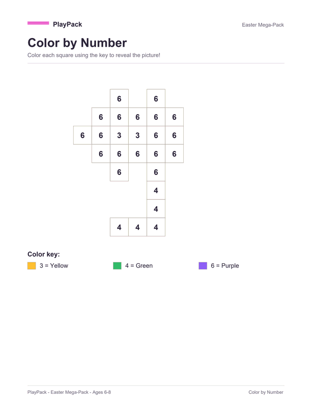 Color-by-number page from the Easter Mega-Pack: a small grid of numbered squares that fills in to a flower with purple petals round a yellow center, on a green stem, above the color key that says which number is which color.
