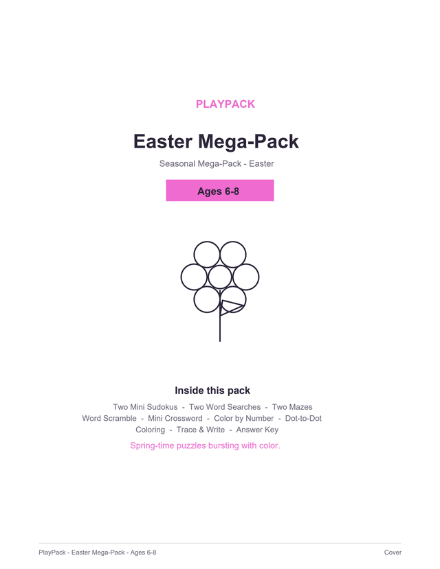 Cover of the Easter Mega-Pack for ages 6⁠–⁠8: the pack title, a level badge reading Ages 6⁠–⁠8, a line-drawn flower with six round petals round a circular center, on a stem with one leaf, and the list of what is inside.