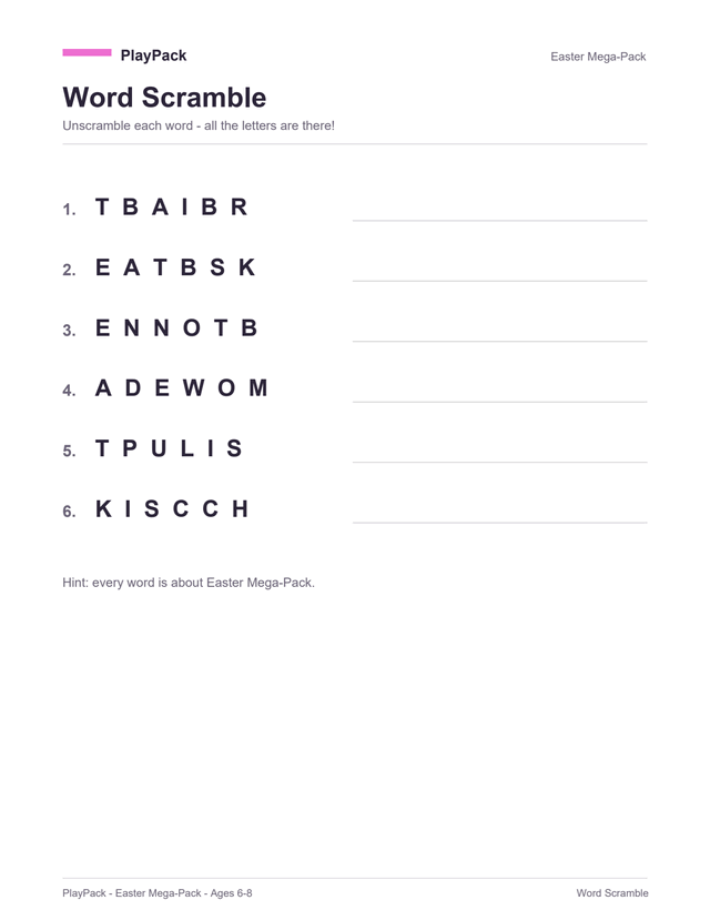 Word scramble from the Easter Mega-Pack for ages 6⁠–⁠8: six words set out letter by letter with the letters shuffled — rabbit, basket, bonnet, meadow, tulips, chicks — each with a ruled line beside it to write the answer on, under a hint line saying every word is about Easter Mega-Pack.