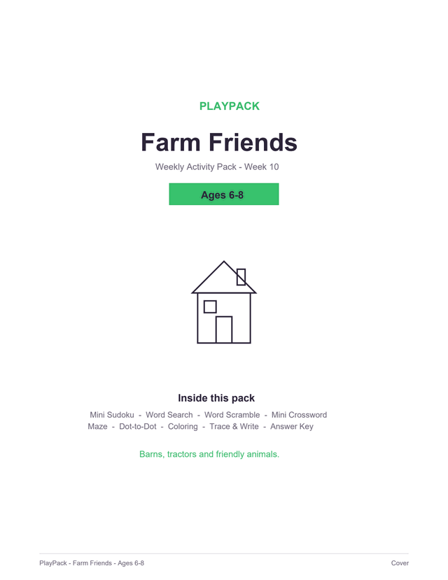 Cover of the Farm Friends pack for ages 6–8: the pack title, a level badge reading Ages 6–8, a line-drawn farmhouse with a pitched roof, a square window, a door and a chimney, and the list of what is inside.