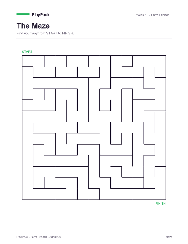 Maze from the Farm Friends pack for ages 6–8: one large square maze filling the page, START above its top-left corner and FINISH below its bottom-right, both printed in this pack's green, with week 10 and the pack name across the top.