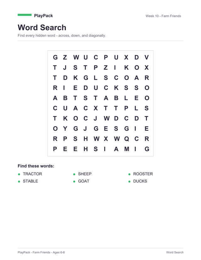 Word search from the Farm Friends pack for ages 6–8: a square grid of capital letters, with the six words to find printed underneath — tractor, sheep, rooster, stable, goat, ducks.