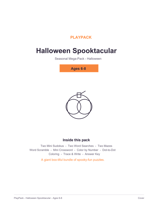 Cover of the Halloween Spooktacular pack for ages 6–8: the pack title, a level badge reading Ages 6–8, a line-drawn pumpkin, three overlapping circles wide, with a short square stalk and a straight stem, and the list of what is inside.