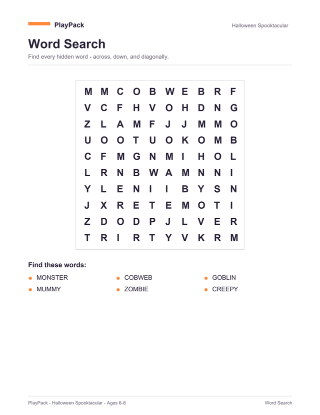Word search from the Halloween Spooktacular pack for ages 6–8: a square grid of capital letters, with the six words to find printed underneath — monster, cobweb, goblin, mummy, zombie, creepy.