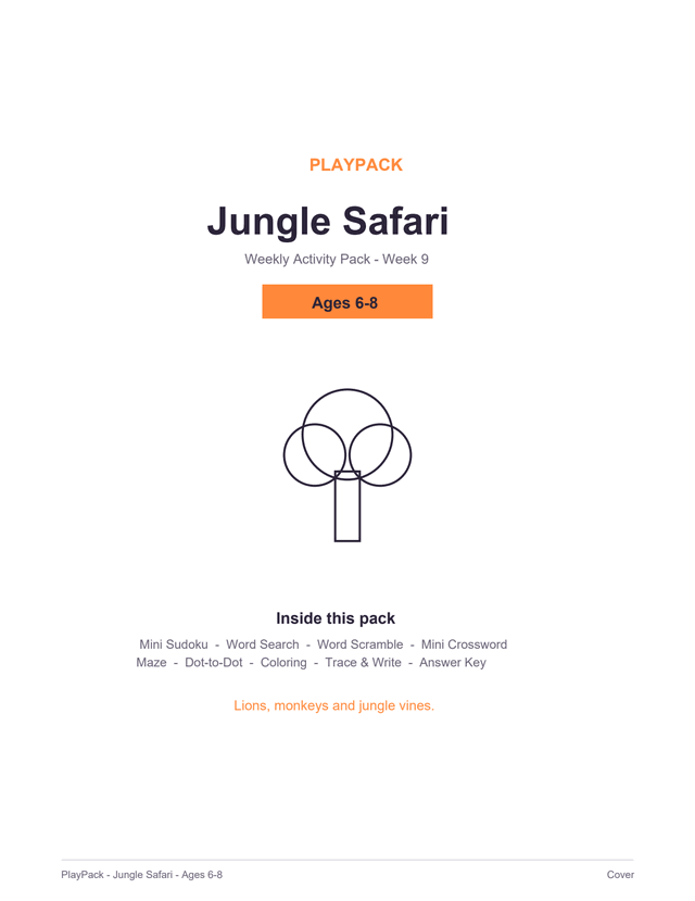Cover of the Jungle Safari pack for ages 6–8: the pack title, a level badge reading Ages 6–8, a line-drawn tree — a straight trunk under three overlapping circles of leaves, and the list of what is inside.