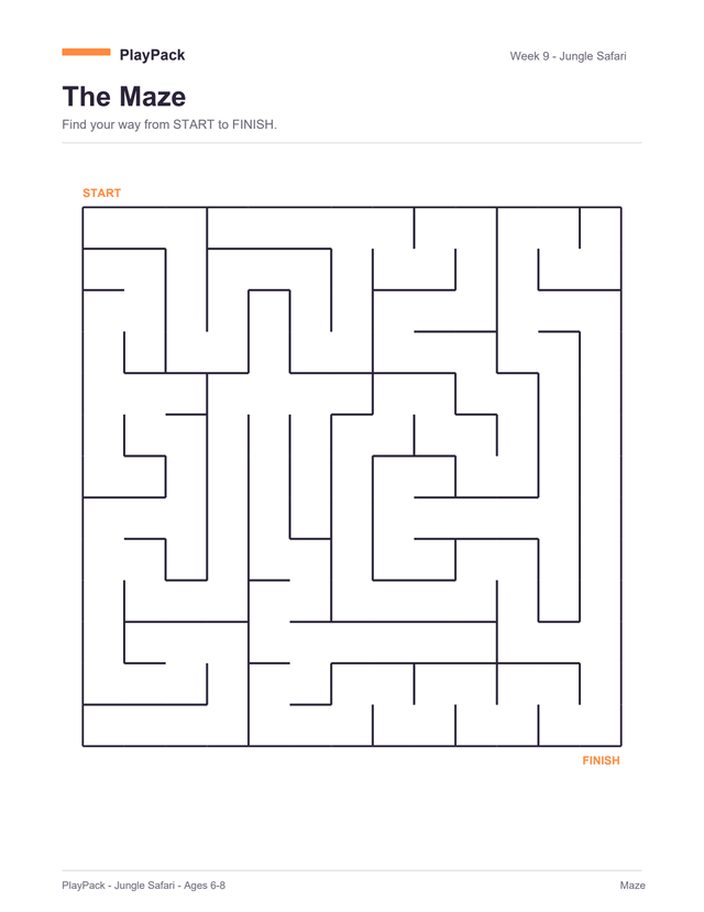 Maze from the Jungle Safari pack for ages 6–8: one large square maze filling the page, START above its top-left corner and FINISH below its bottom-right, both printed in this pack's orange, with week 9 and the pack name across the top.