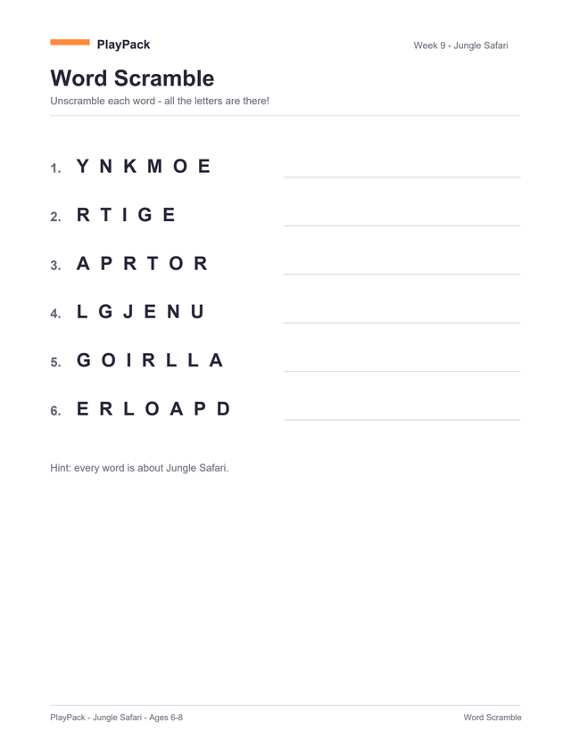 Word scramble from the Jungle Safari pack for ages 6–8: six words set out letter by letter with the letters shuffled — monkey, tiger, parrot, jungle, gorilla, leopard — each with a ruled line beside it to write the answer on, under a hint line saying every word is about Jungle Safari.