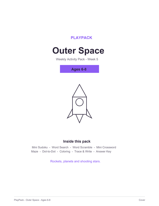 Cover of the Outer Space pack for ages 6–8: the pack title, a level badge reading Ages 6–8, a line-drawn rocket with two fins, a round porthole and a flame at the tail, and the list of what is inside.