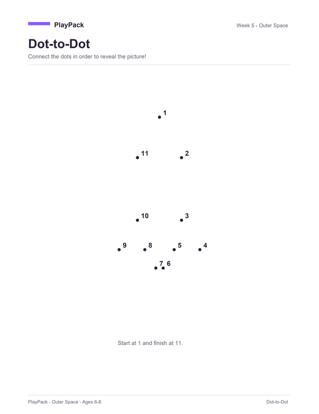 Dot-to-dot page from the Outer Space pack: eleven numbered dots on an otherwise empty page, joining up into a rocket.