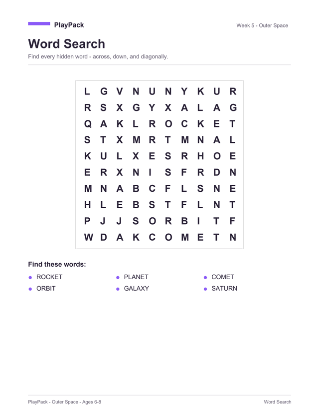 Word search from the Outer Space pack for ages 6–8: a square grid of capital letters, with the six words to find printed underneath — rocket, planet, comet, orbit, galaxy, saturn.