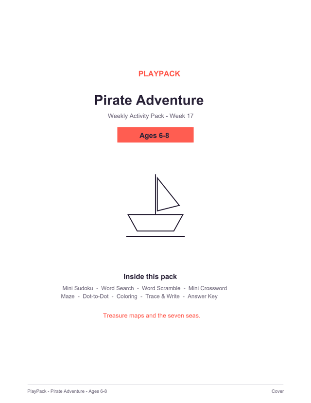 Cover of the Pirate Adventure pack for ages 6⁠–⁠8: the pack title, a level badge reading Ages 6⁠–⁠8, a line-drawn sailing boat with one mast, a triangular sail and a ruled line of water beneath it, and the list of what is inside.