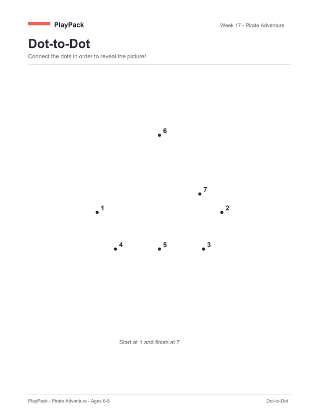 Dot-to-dot page from the Pirate Adventure pack: seven numbered dots on an otherwise empty page, joining up into a sailing boat — the hull first, then up the mast to the tip of the sail.