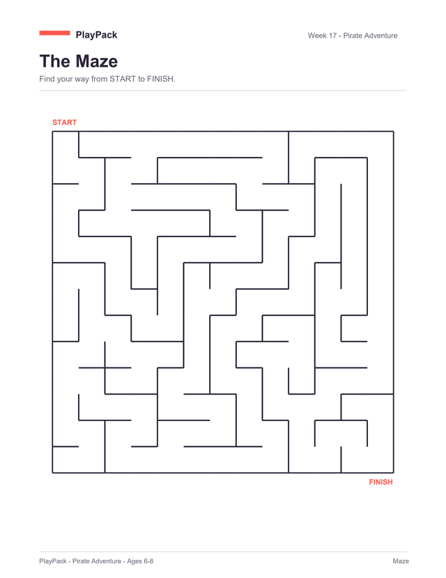Maze from the Pirate Adventure pack for ages 6⁠–⁠8: one large square maze filling the page, START above its top-left corner and FINISH below its bottom-right, both printed in this pack's red, with week 17 and the pack name across the top.