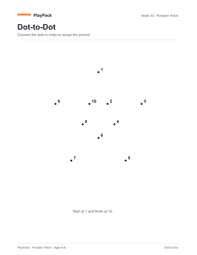 Dot-to-dot page from the Pumpkin Patch pack: ten numbered dots on an otherwise empty page, joining up into a five-pointed star.