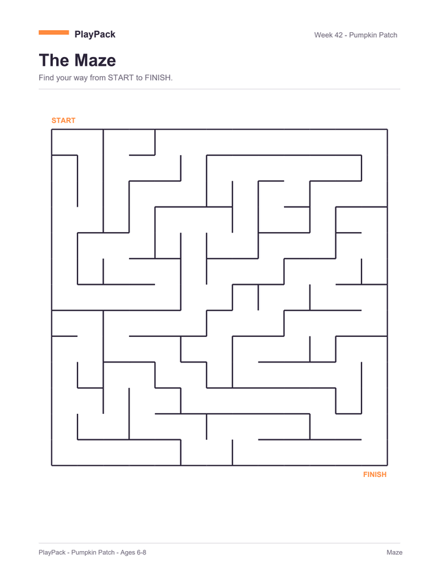 Maze from the Pumpkin Patch pack for ages 6–8: one large square maze filling the page, START above its top-left corner and FINISH below its bottom-right, both printed in this pack's orange, with week 42 and the pack name across the top.