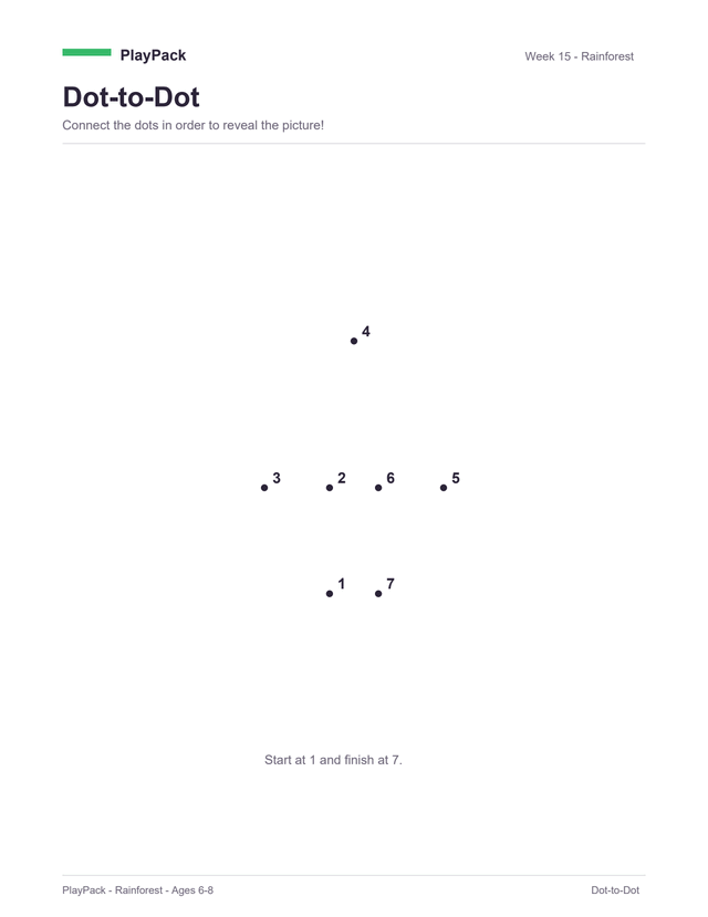 Dot-to-dot page from the Rainforest pack: seven numbered dots on an otherwise empty page, joining up into a tree.