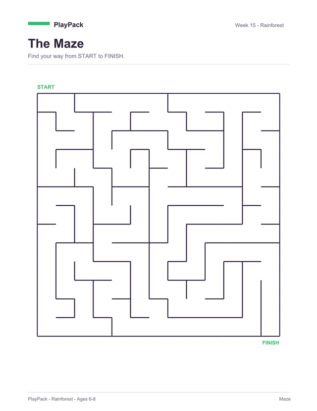 Maze from the Rainforest pack for ages 6⁠–⁠8: one large square maze filling the page, START above its top-left corner and FINISH below its bottom-right, both printed in this pack's green, with week 15 and the pack name across the top.