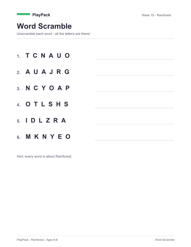 Word scramble from the Rainforest pack for ages 6⁠–⁠8: six words set out letter by letter with the letters shuffled — toucan, jaguar, canopy, sloths, lizard, monkey — each with a ruled line beside it to write the answer on, under a hint line saying every word is about Rainforest.