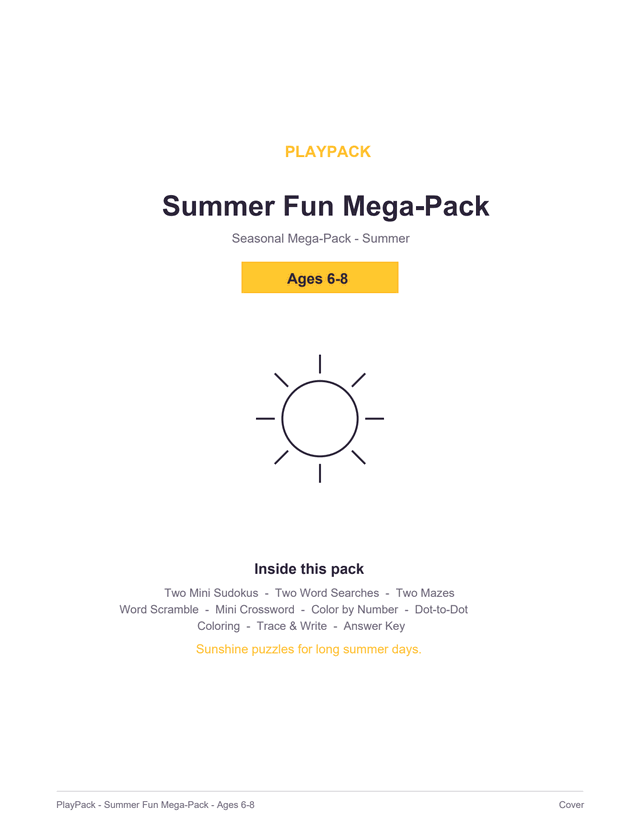Cover of the Summer Fun Mega-Pack for ages 6⁠–⁠8: the pack title, a level badge reading Ages 6⁠–⁠8, a line-drawn sun, a plain circle with eight straight rays around it, and the list of what is inside.