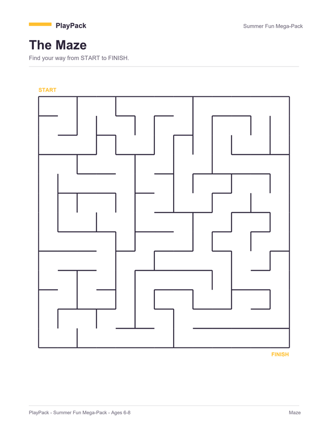 Maze from the Summer Fun Mega-Pack for ages 6⁠–⁠8: one large square maze filling the page, START above its top-left corner and FINISH below its bottom-right, both printed in this pack's yellow, with the pack name across the top.