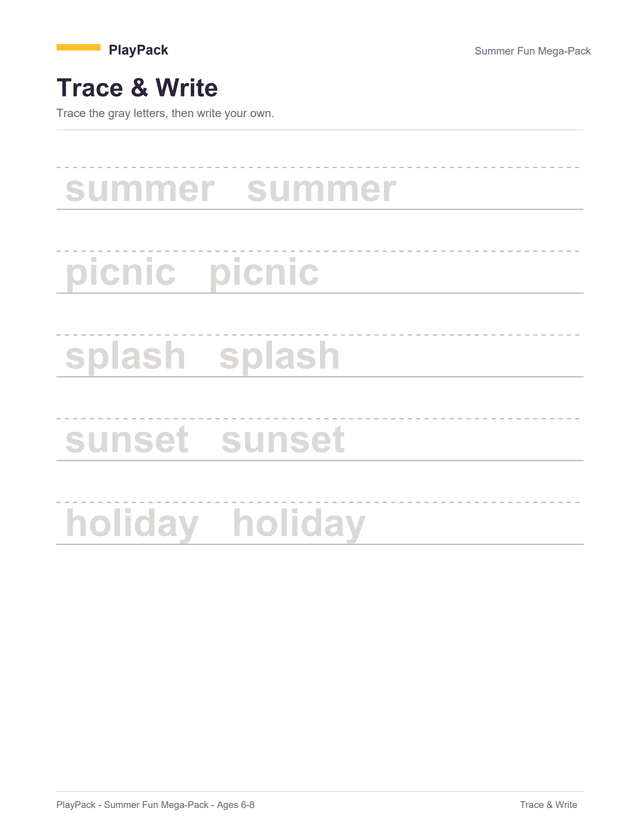 Trace-and-write page from the Summer Fun Mega-Pack for ages 6⁠–⁠8: five ruled lines with a dotted guide through the middle of each, every line printing its word twice in pale gray to trace over — summer, picnic, splash, sunset, holiday.