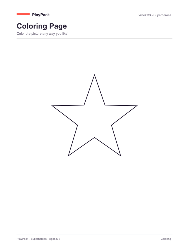 Coloring page from the Superheroes pack: a line-drawn five-pointed star, this time drawn thick and page-sized with nothing else on the sheet.