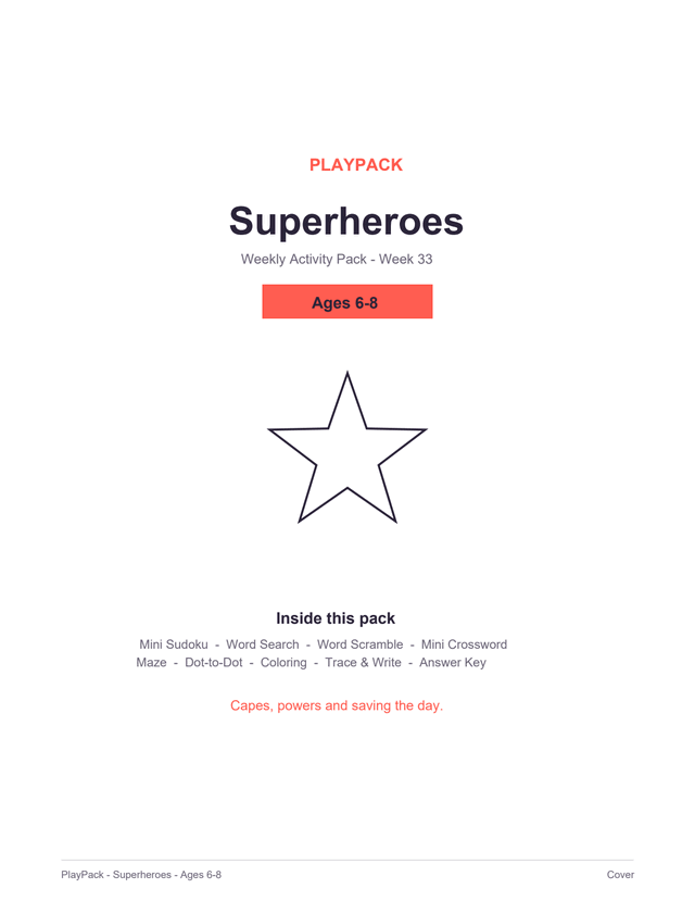 Cover of the Superheroes pack for ages 6–8: the pack title, a level badge reading Ages 6–8, a line-drawn five-pointed star, and the list of what is inside.