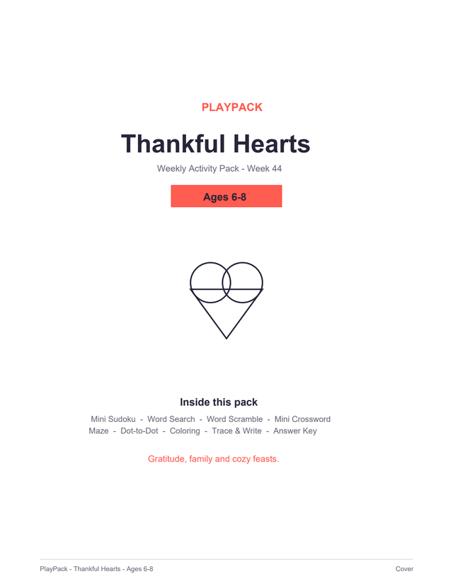 Cover of the Thankful Hearts pack for ages 6–8: the pack title, a level badge reading Ages 6–8, a line-drawn heart — two overlapping circles above a downward-pointing triangle, with the construction lines left showing, and the list of what is inside.