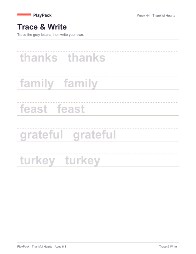 Trace-and-write page from the Thankful Hearts pack for ages 6–8: five ruled lines with a dotted guide through the middle of each, every line printing its word twice in pale gray to trace over — thanks, family, feast, grateful, turkey.