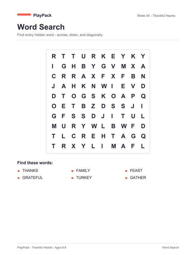 Word search from the Thankful Hearts pack for ages 6–8: a square grid of capital letters, with the six words to find printed underneath — thanks, family, feast, grateful, turkey, gather.