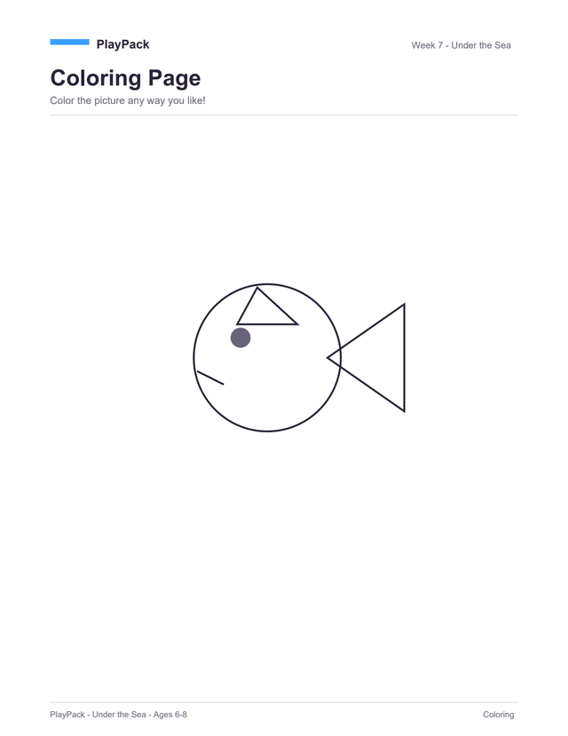 Coloring page from the Under the Sea pack: a line-drawn round fish with a triangular tail, a fin on its back and a dot for an eye, this time drawn thick and page-sized with nothing else on the sheet.