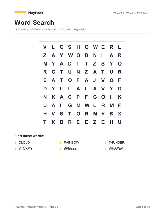 Word search from the Weather Watchers pack for ages 6–8: a square grid of capital letters, with the six words to find printed underneath — cloud, rainbow, thunder, stormy, breeze, shower.