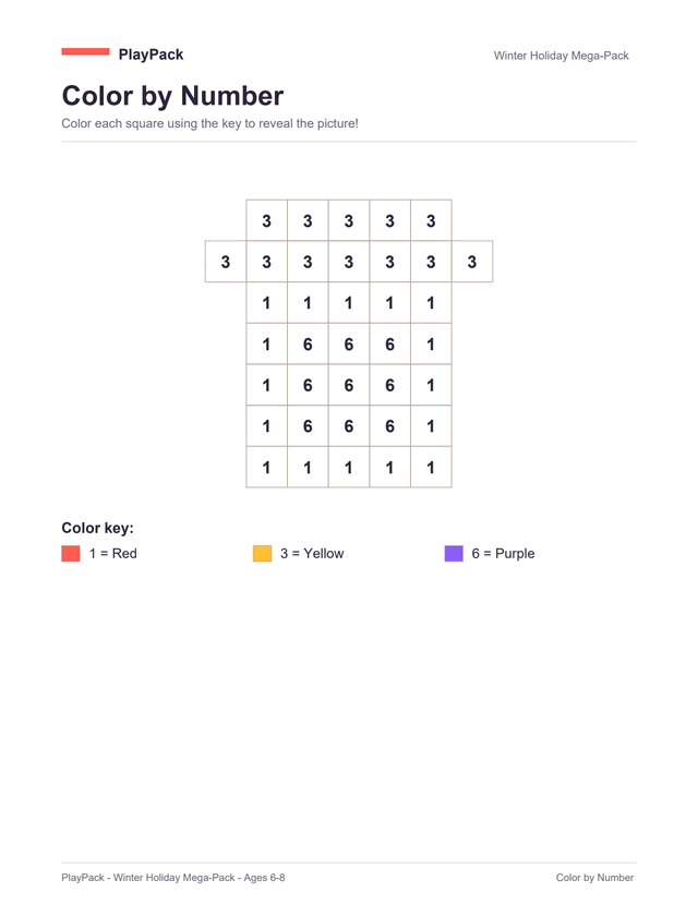 Color-by-number page from the Winter Holiday Mega-Pack: a small grid of numbered squares that fills in to a wrapped present — a yellow lid over a red box with a purple middle, above the color key that says which number is which color.