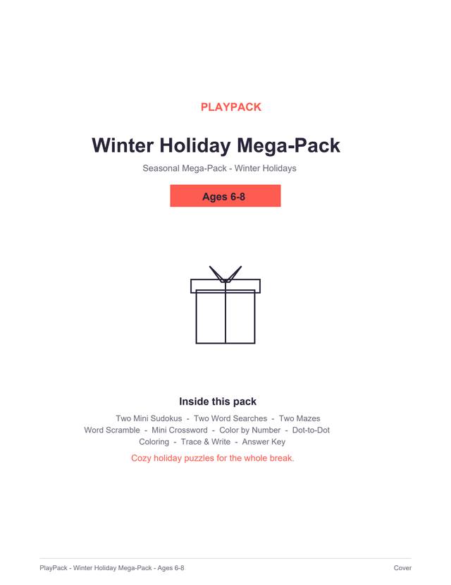 Cover of the Winter Holiday Mega-Pack for ages 6⁠–⁠8: the pack title, a level badge reading Ages 6⁠–⁠8, a line-drawn wrapped present with a lid band across the top, a ribbon down the front and a bow, and the list of what is inside.