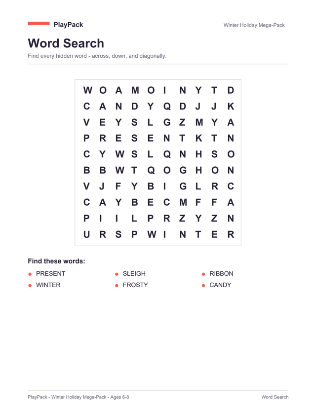 Word search from the Winter Holiday Mega-Pack for ages 6⁠–⁠8: a square grid of capital letters, with the six words to find printed underneath — present, sleigh, ribbon, winter, frosty, candy.
